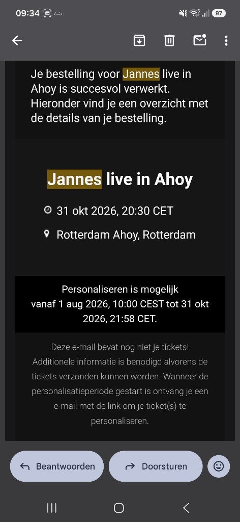 2x staplaats Jannes in Ahoy za 31 okt + parkeerticket, Twee personen, Oktober, Levenslied