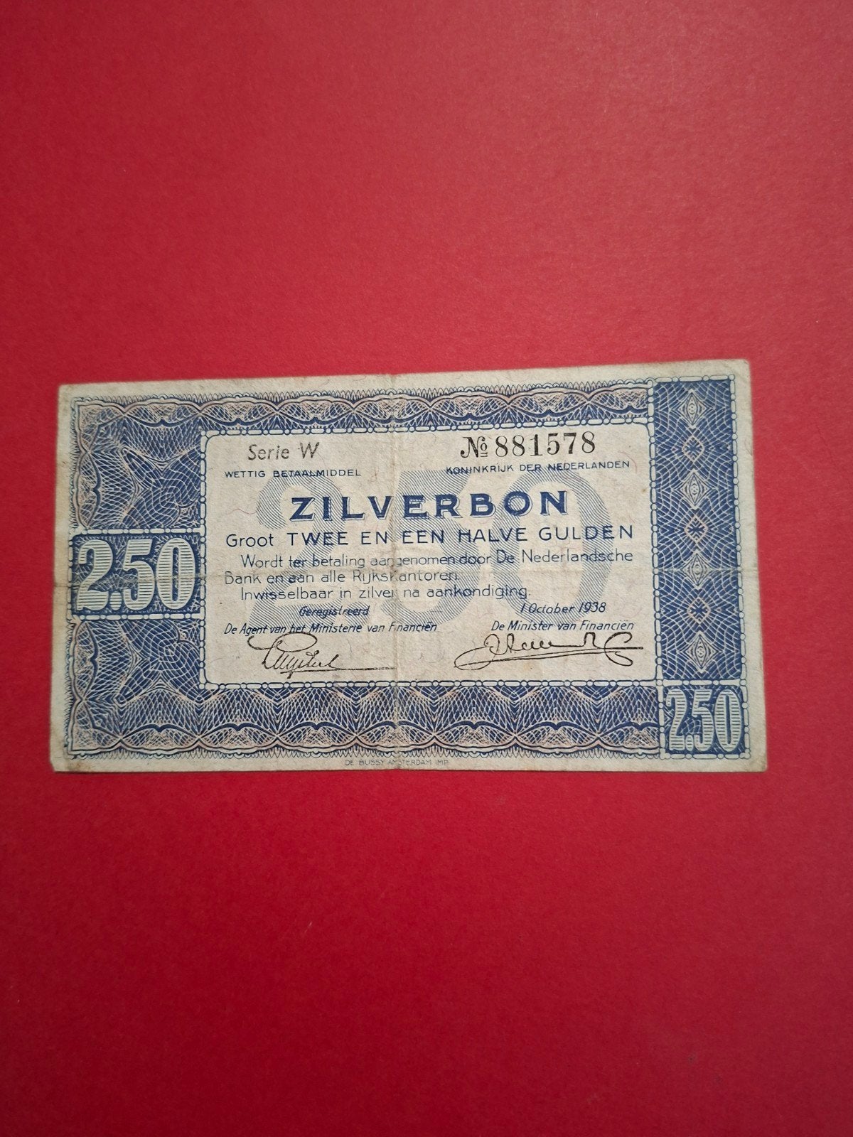 2,5 gulden Zilverbon uit 1938 in ZF, Ophalen of Verzenden, 2½ gulden, Los biljet