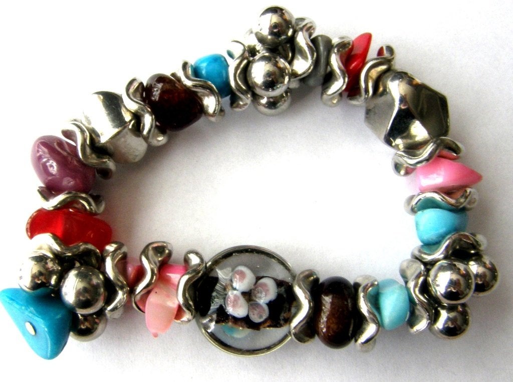 Murano glas kralen armband met edelstenen, Sieraden, Tassen en Uiterlijk, Armbanden, Verzenden, Zo goed als nieuw, Elastiek, Met edelsteen