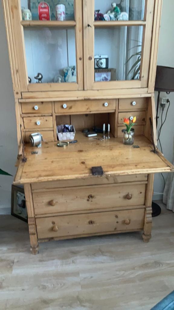Antiek grenen secretaire met vitrinekast, Ophalen of Verzenden