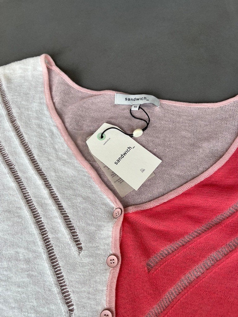 Nieuw roze/khaki/wit fijngebreid Sandwich vestje, mt XL, Overige kleuren, Verzenden, Maat 46/48 (XL) of groter, Nieuw