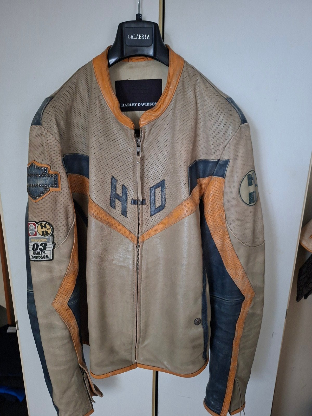 mooiste Harley leren jack, beige, blauw, oranje, maat xxl, Ophalen of Verzenden, Tweedehands, Jas | leer