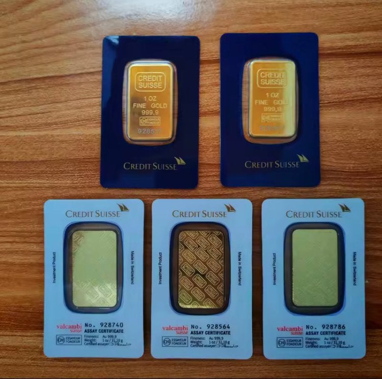 Credit Suisse 1 oz Fijngoud 999,9 Baar (5 stuks), Ophalen of Verzenden, Goud