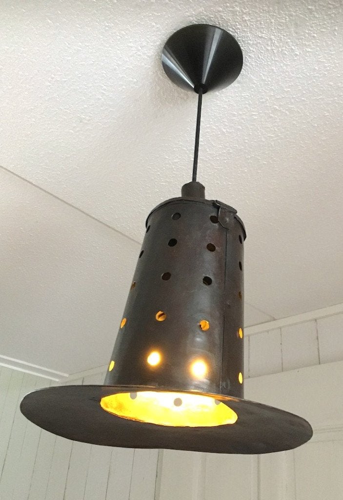 vintage hanglamp plafondlamp metaal hoed vorm, Ophalen of Verzenden, Gebruikt, Metaal, Vintage