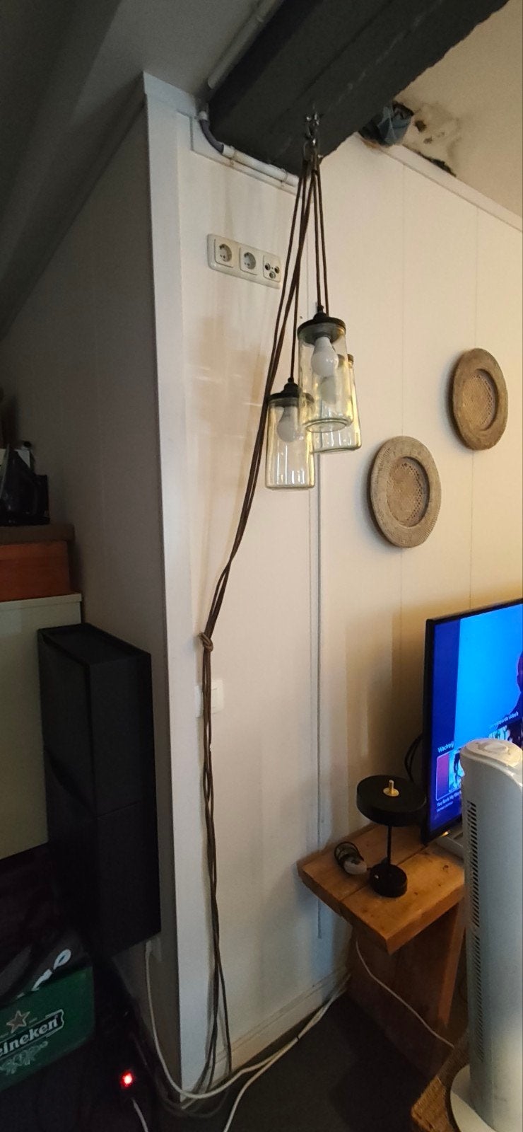 Hanglamp met 3 glazen kappen - Kesbeke stijl, Ophalen, Gebruikt, E27 (groot), Industrieel, Vintage, Modern