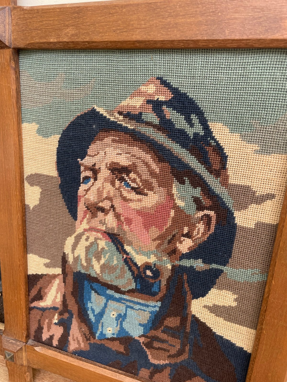 Vintage Gobelin Schilderij: Visser met Pijp, Antiek en Kunst, Doek, Portret of Personen, Overige technieken, Ophalen of Verzenden