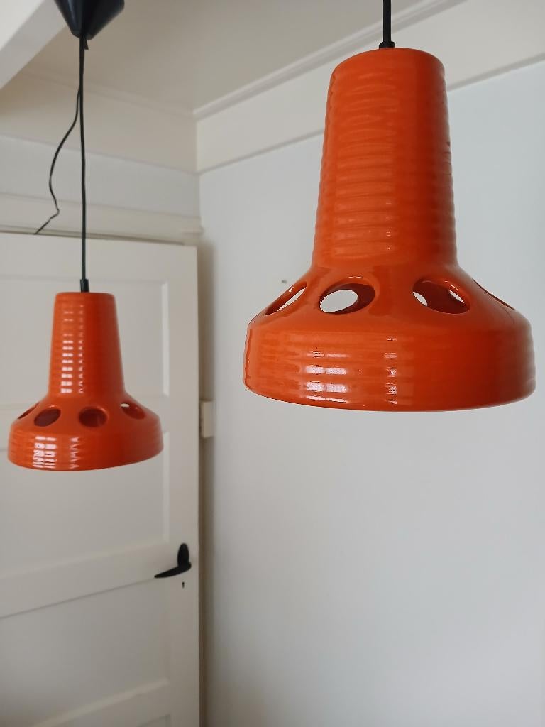 SET Oranje Keramieken Hanglampen - Vintage jaren 60-70, Overige materialen, Gebruikt, Vintage, Ophalen of Verzenden