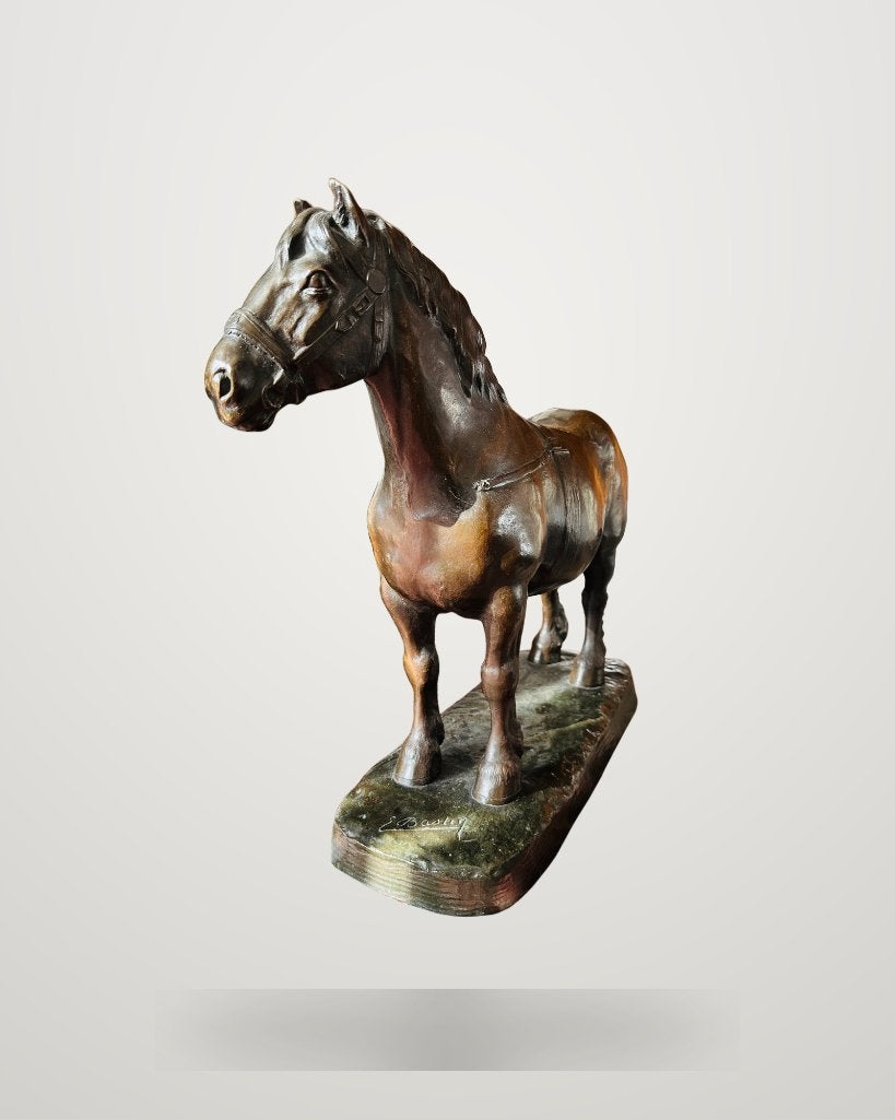 Antiek bronzen trekpaard, gesigneerd Ernest Bastin, Ophalen of Verzenden, Brons