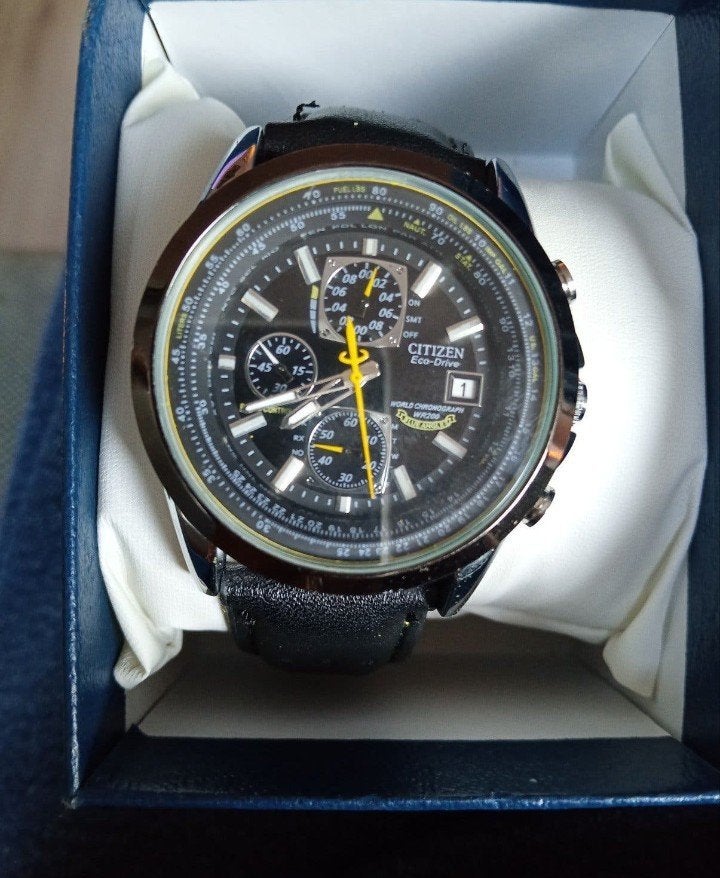 Citizen Chronograaf Heren Horloge met Zwarte Leren Band, Zwart, Citizen, Ophalen of Verzenden, Zo goed als nieuw