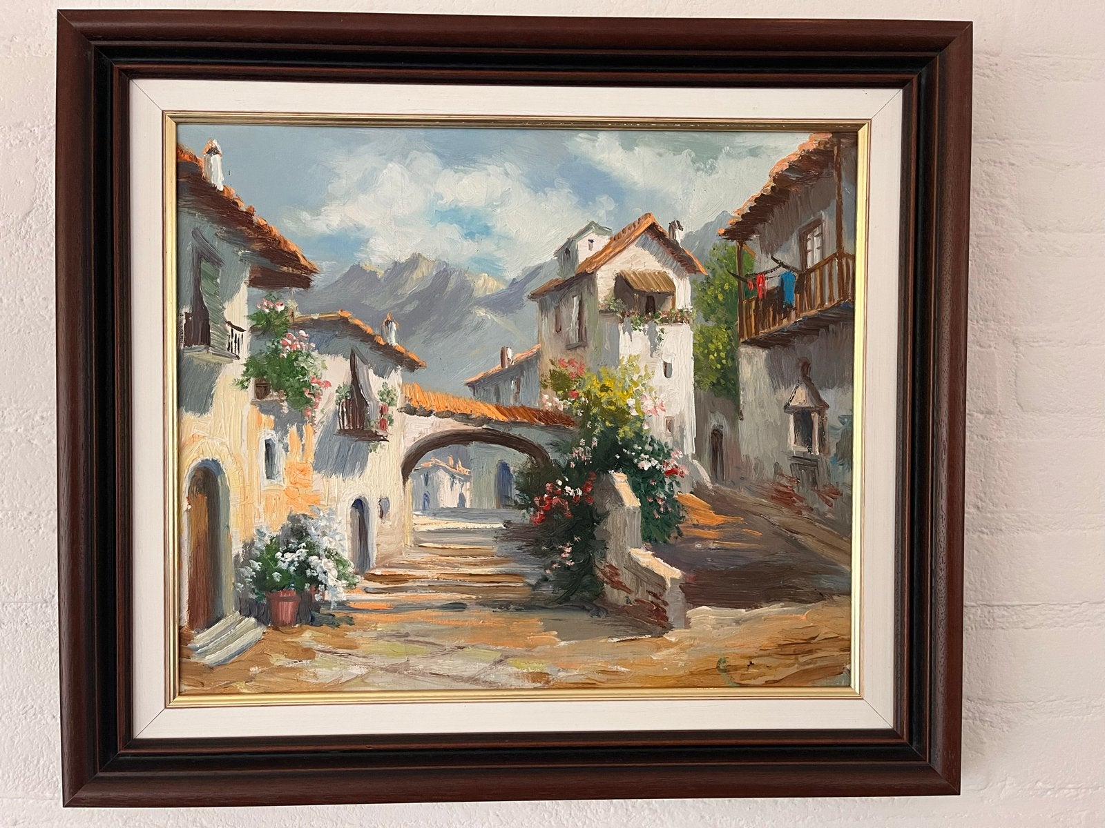 Schilderij Olieverf Dorpsgezicht met Bergen en Bloemen, Doek, Realistisch, Ophalen of Verzenden, Olieverf