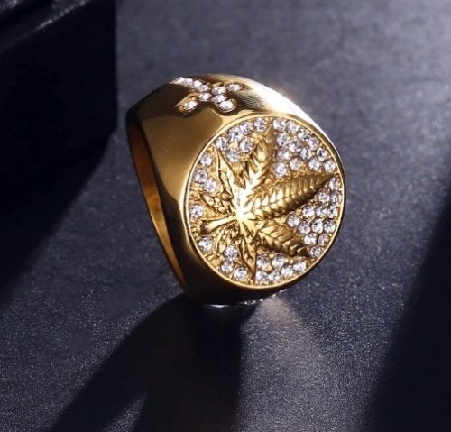 18K goud vergulde  Maple Leaf zegelring met zirkonen, 20 of groter, IJzer of Staal, Heer, Nieuw