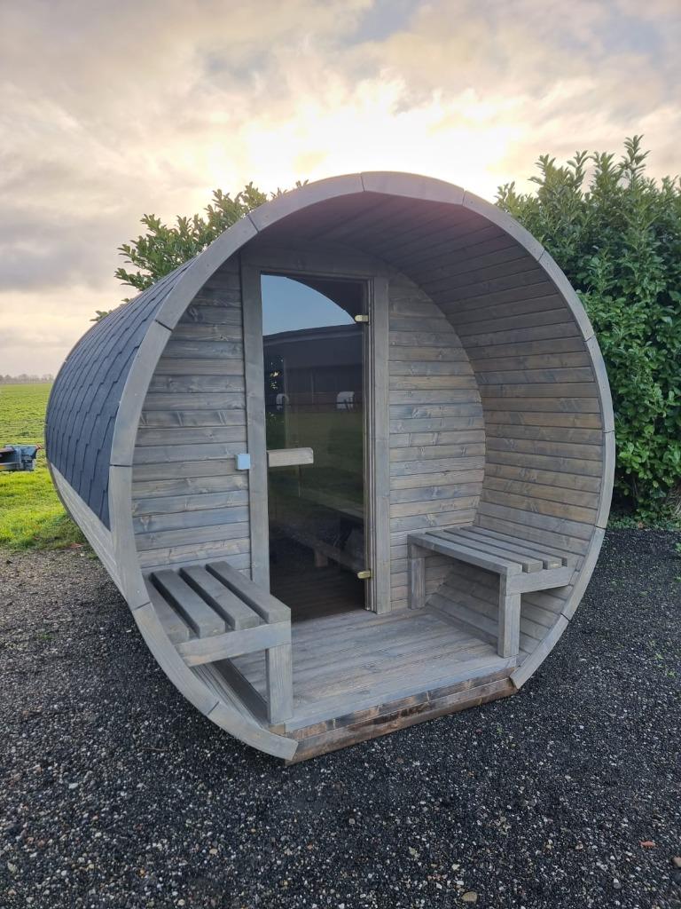 Nieuwe barrel sauna in 3m compleet met 2 achterramen!, Verzenden, Nieuw, Fins of Traditioneel, Complete sauna