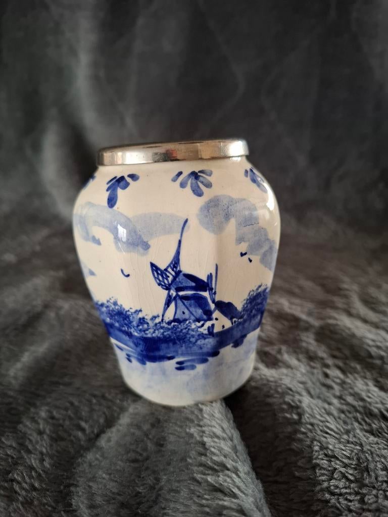 Delfts Blauw lepelvaasje met Zilveren Rand, Antiek en Kunst, Ophalen of Verzenden