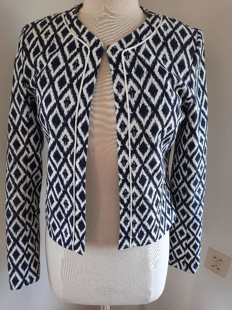 HEMA colbert jasje blauw wit ruit maat S, Kleding | Dames, Jasjes, Kostuums en Pakken, Zo goed als nieuw, Maat 38/40 (M), Blauw