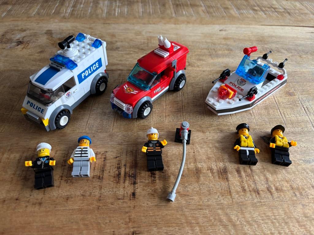 Brandweer, politie auto en boot bouwstenen sets (in 1 koop), Ophalen of Verzenden, Zo goed als nieuw, Overige merken