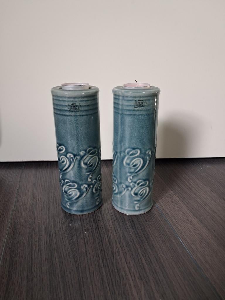 Set van 2 blauwe kandelaars, Overige materialen, Grijs, Ophalen of Verzenden, Zo goed als nieuw