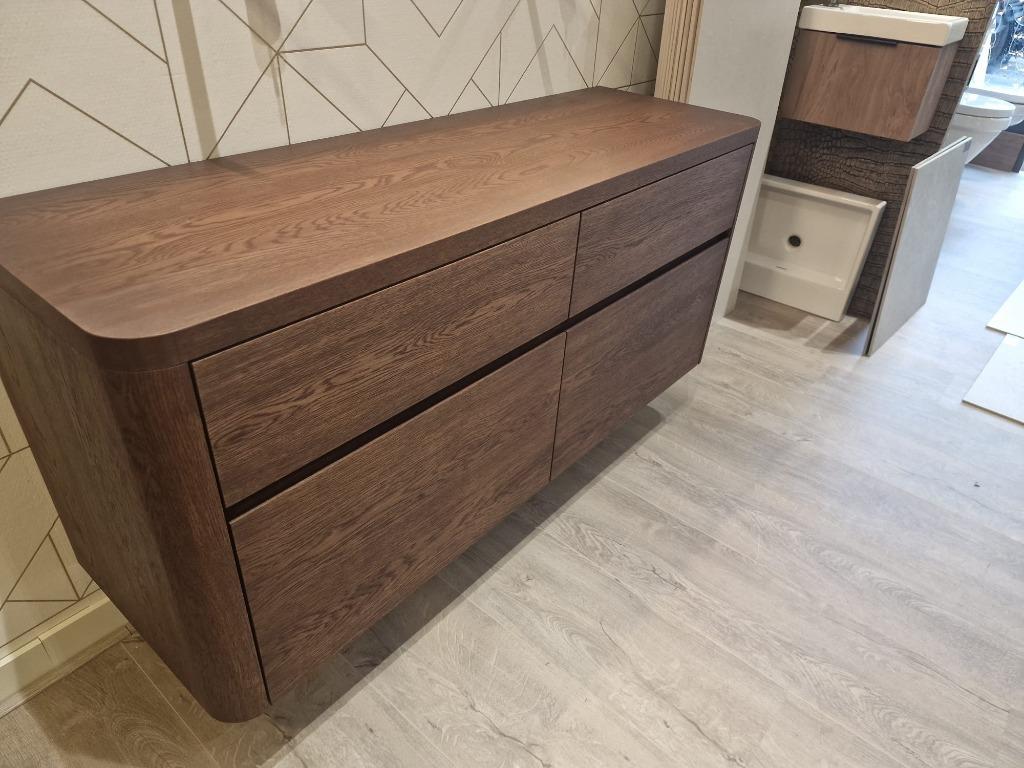 Massief eiken houten badmeubel met ronde hoeken 140cm waskom, 100 tot 150 cm, Nieuw, Ophalen of Verzenden, Minder dan 100 cm