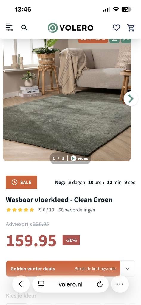 Groen Volero vloerkleed - wasbaar, Huis en Inrichting, Stoffering | Tapijten en Kleden, 150 tot 200 cm, 200 cm of meer, Ophalen of Verzenden