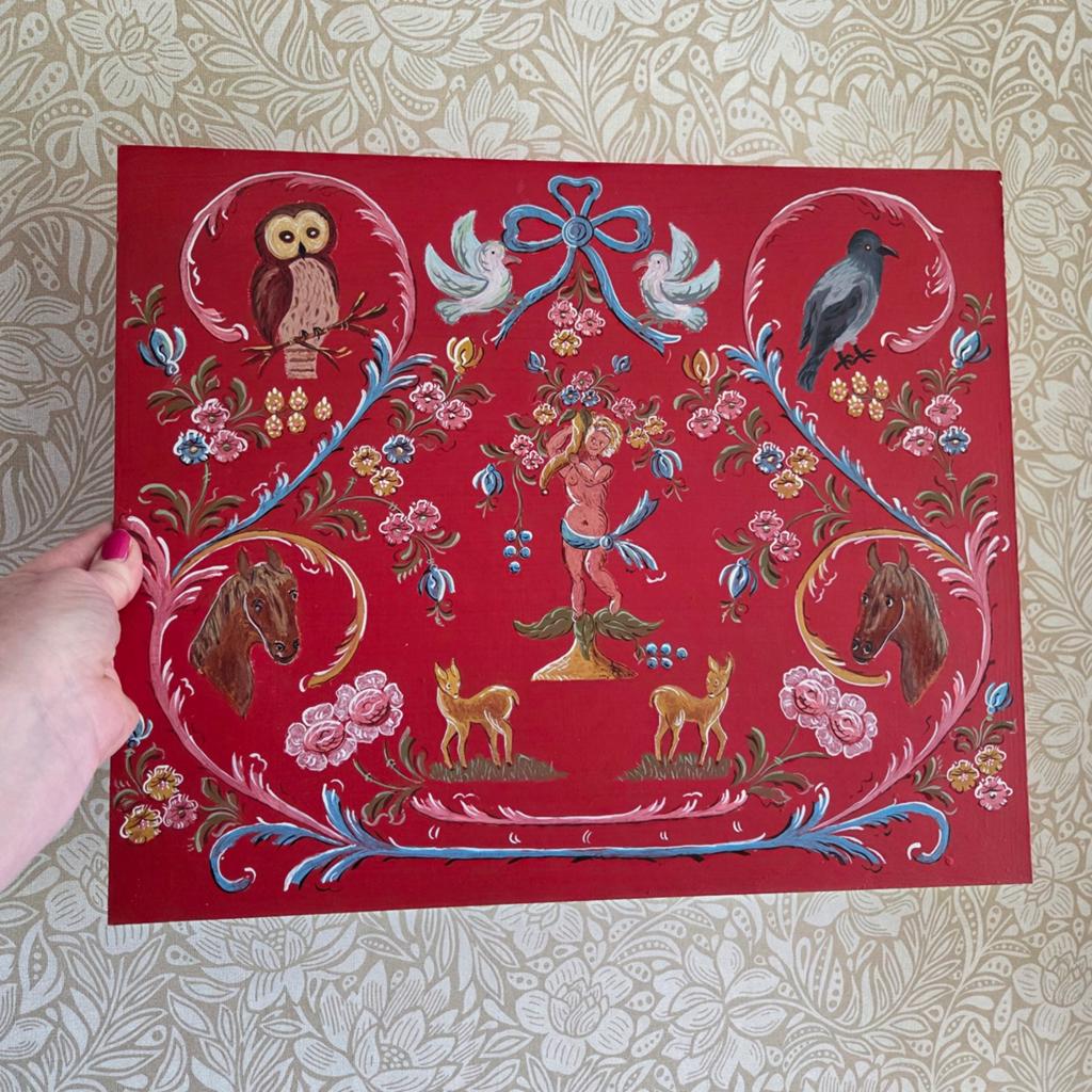 Handgeschilderd wand paneel met ontwerp mythologische wezens, Antiek en Kunst, Ophalen of Verzenden