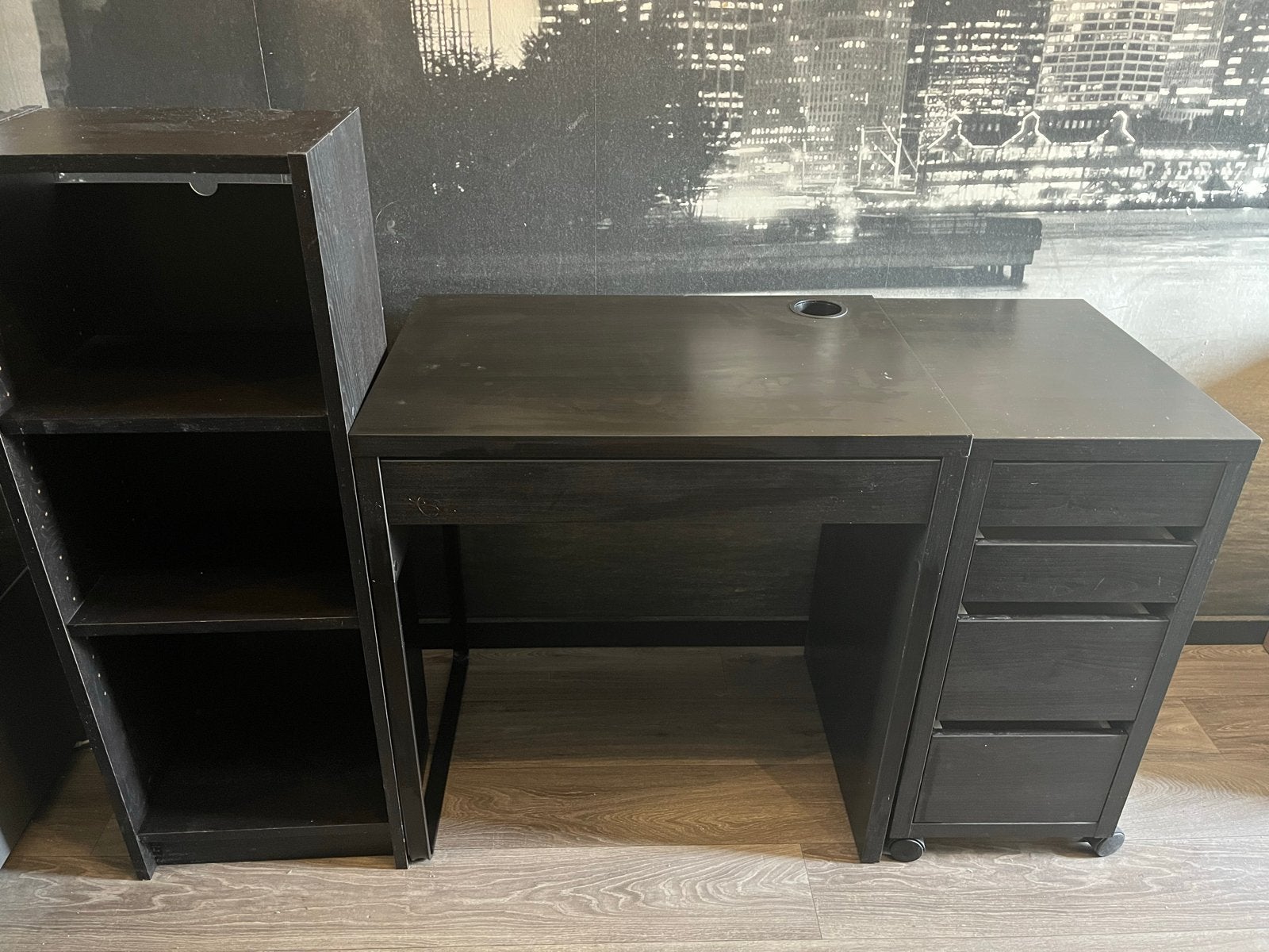 Bureau met lades en kast met legplanken - 3 losse elementen, Ophalen, Zwart, Gebruikt, Met lades