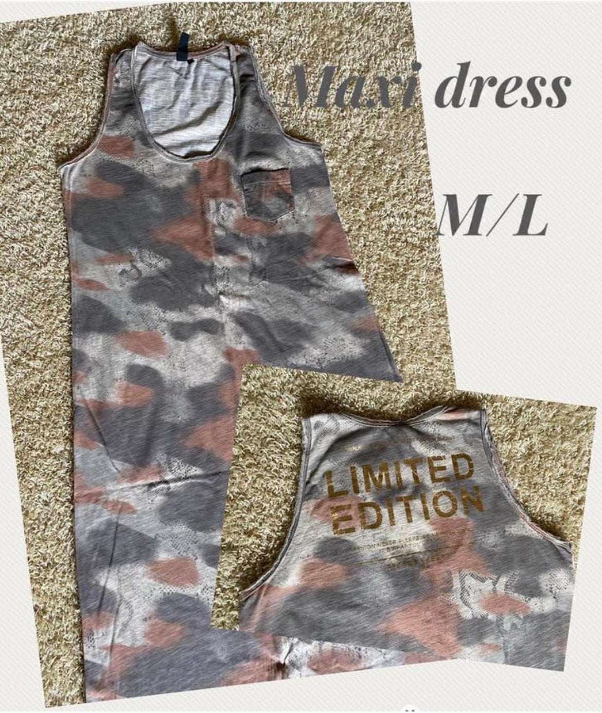 Shoeby lange/maxi jurk camouflage taupe/koraal split mt. M/L, Maat 38/40 (M), Beige, Ophalen of Verzenden, Zo goed als nieuw