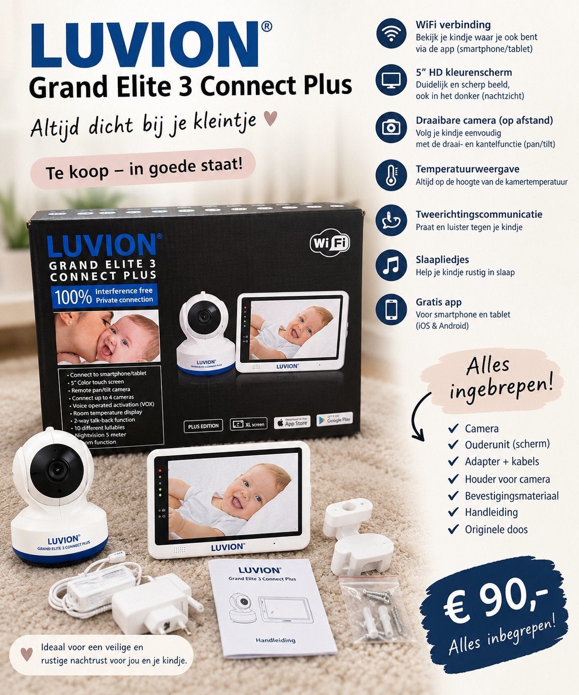 Luvion Grand Elite 3 Connect Plus Babyfoon, Ophalen of Verzenden, Zo goed als nieuw, 250 meter of meer, Camera