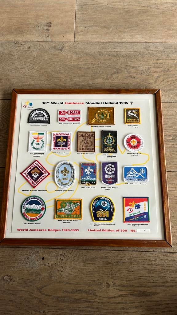 World Scout Jamboree badges 1920–1995 – ingelijst –, Ophalen of Verzenden, Zo goed als nieuw