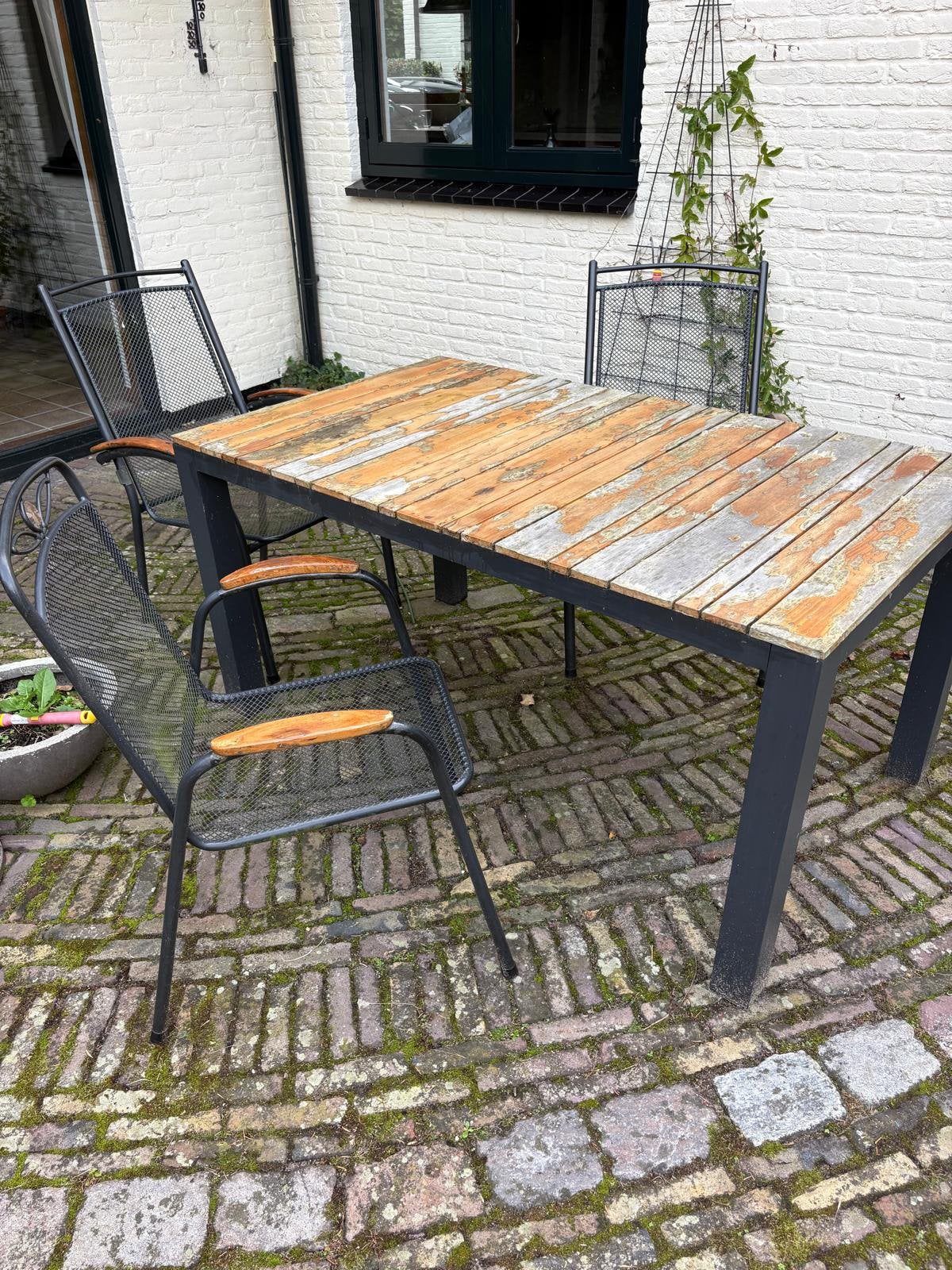 Tuintafel met drie stoelen, Tuin en Terras, Ophalen, Gebruikt, Vierkant, Aluminium