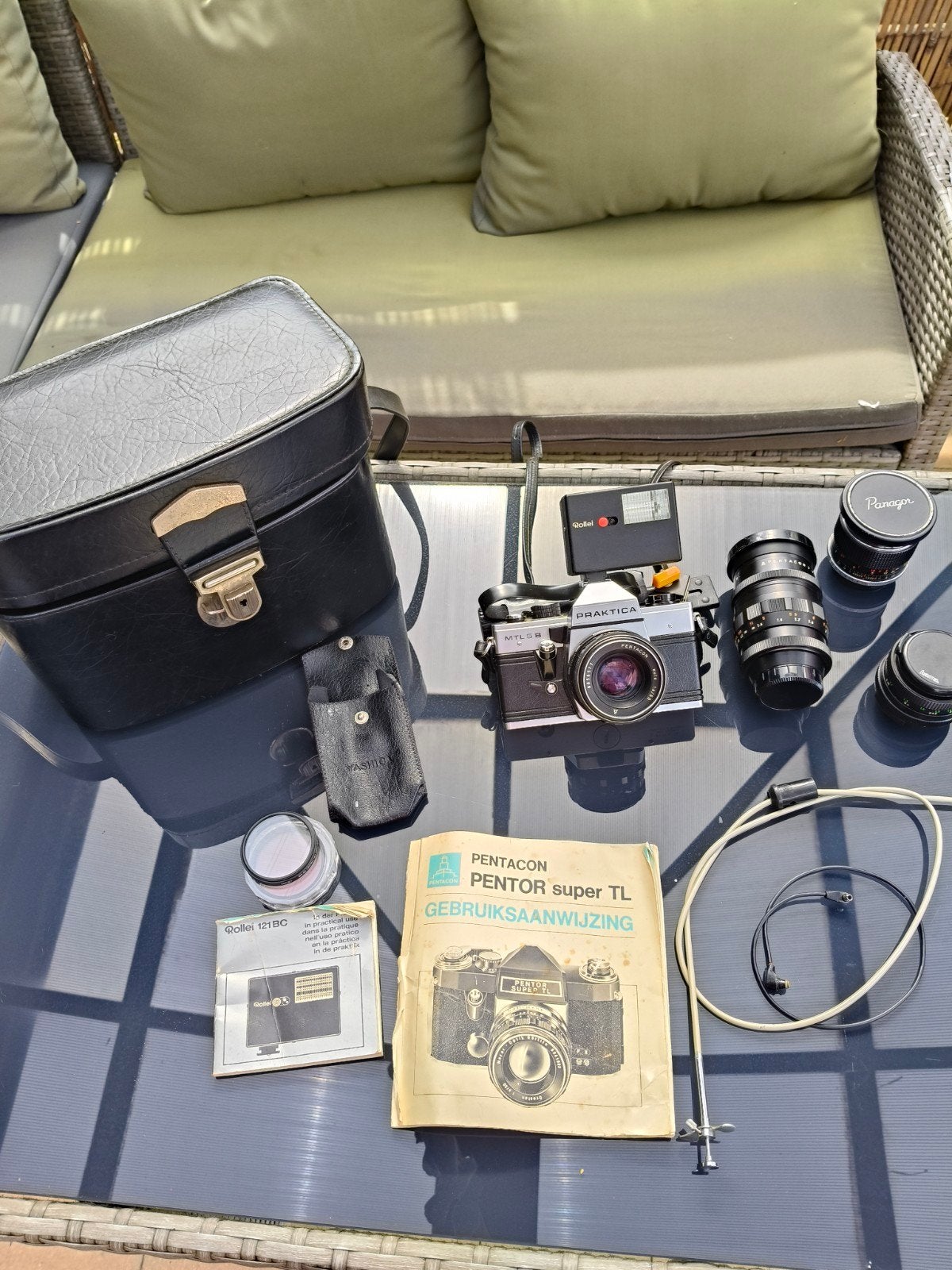 Vintage Praktica MTL 5B camera met lenzen en accessoires, Gebruikt, Standaardlens, Handmatige focus, Ophalen
