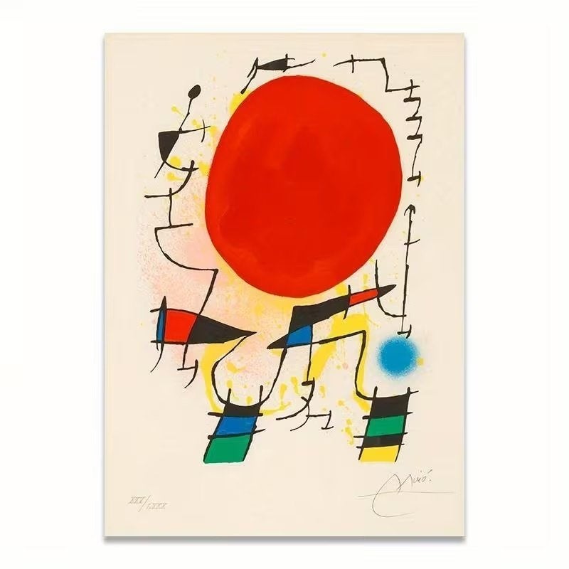Joan Miró - Le Soleil Rouge - ArtPrint op Doek Drukgesign., Verzenden