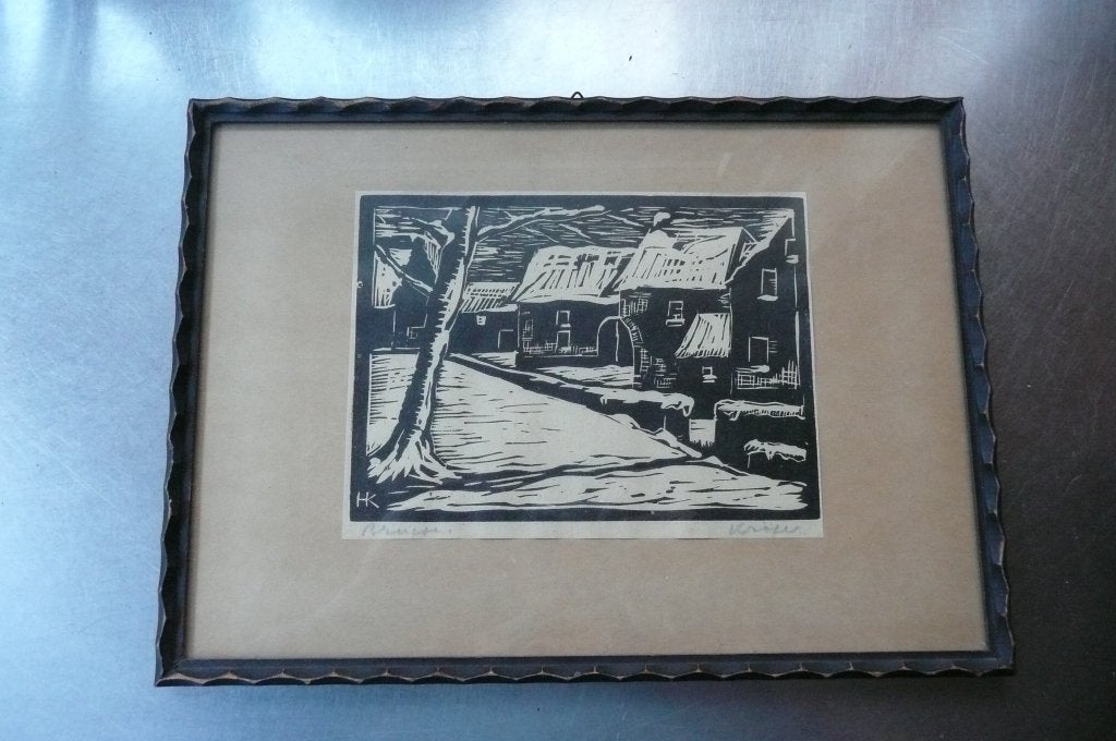 oude linoleumdruk Brugge kunstenaar H. Kröger 1920-1930, Antiek en Kunst, Kunst | Litho's en Zeefdrukken, Ophalen of Verzenden