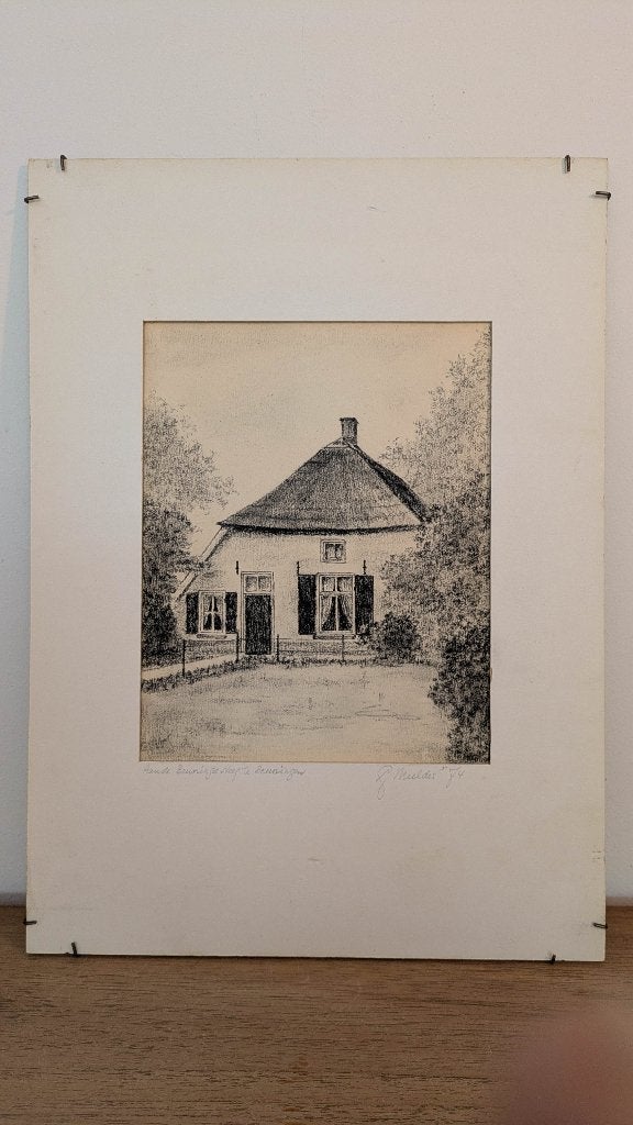 Houtskooltekening huisje Beuningen - Van J. Mulder (1974), Antiek en Kunst, Kunst | Tekeningen en Foto's, Ophalen