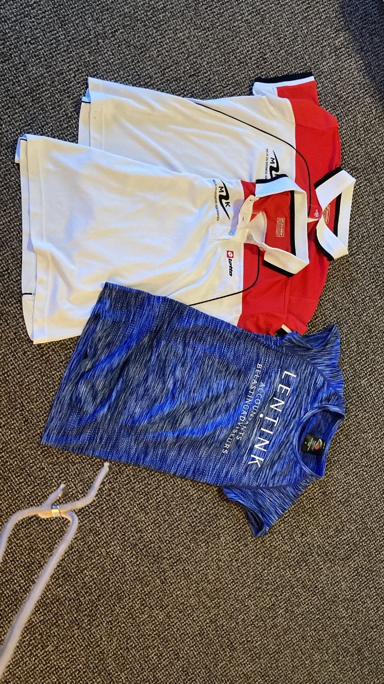 Sportshirts: 2x Lotto polo maat M, 1x Lentink T-shirt maat S, Ophalen, Gedragen, Maat 48/50 (M), Wit