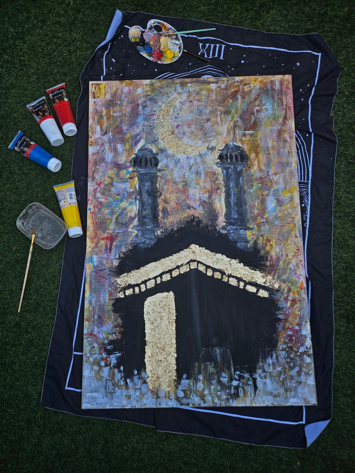 Handgeschilderd Kunstwerk - Kaaba met Bladgoud, Ophalen of Verzenden