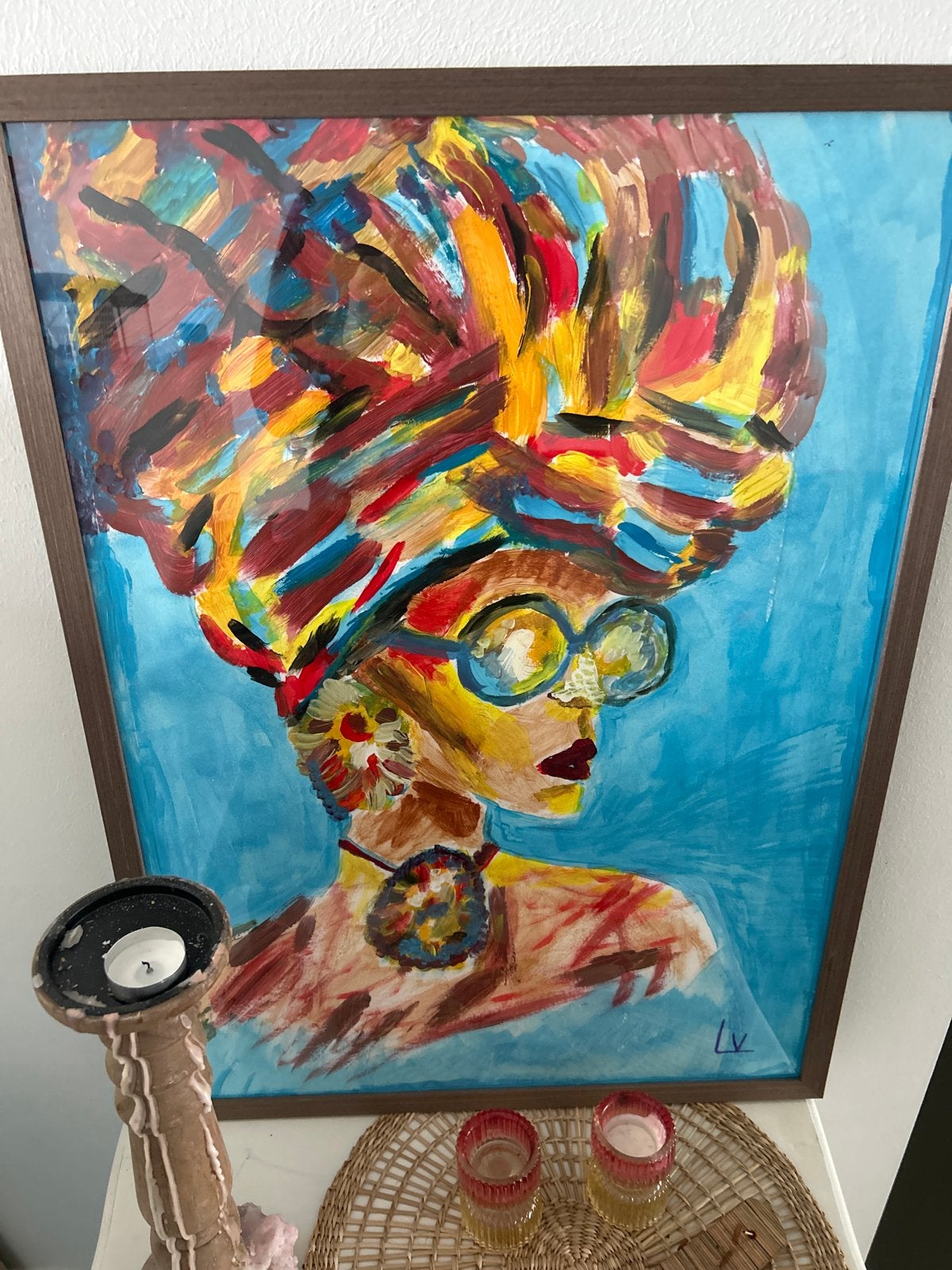 Kleurrijk portret van een vrouw met hoofddoek, Acrylverf, Papier/karton, Ophalen of Verzenden, Ingelijst