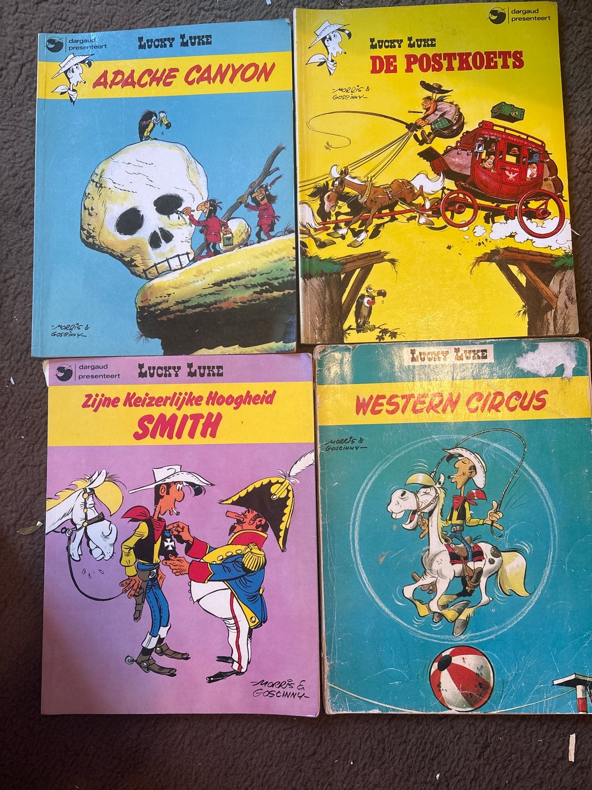 Vintage Lucky Luke stripboeken uit 1970 - 4 stuks, Boeken, Stripboeken, Gelezen, Meerdere stripboeken, Ophalen of Verzenden