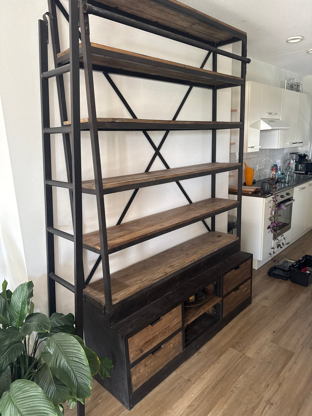 Industriële boekenkast met ladder, hout en metaal, Ophalen, Met plank(en), 200 cm of meer, 150 tot 200 cm