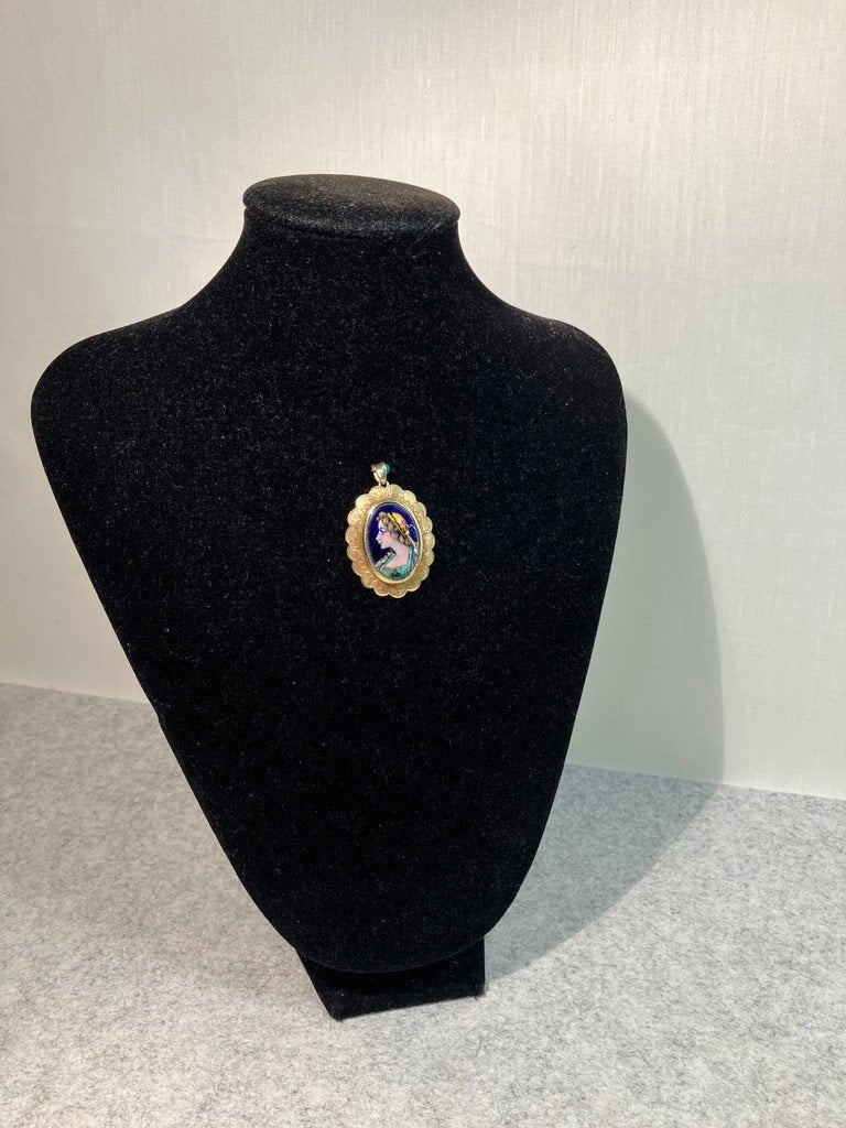 14k gouden Email d'Art hanger vrouwenprofiel, Overige voorstellingen, Verzenden, Zo goed als nieuw, Goud