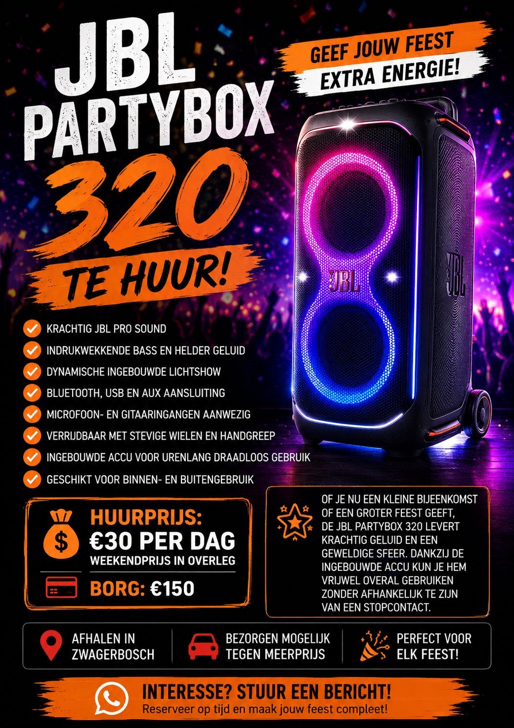 JBL PartyBox 320 te huur!, Ophalen, Zo goed als nieuw, JBL