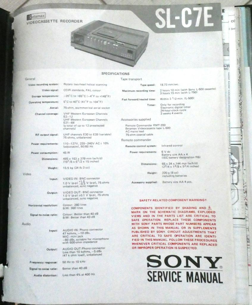 Video recorder Sony Betamax complete repair map voor SL-C7E, Verzenden, Gebruikt