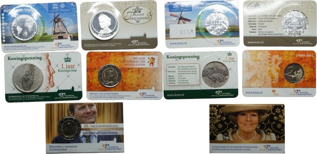 Lot 5 coincards Nederland Molen Vijfje en troonswisseling, Postzegels en Munten, Ophalen of Verzenden, Koningin Beatrix, Euro's