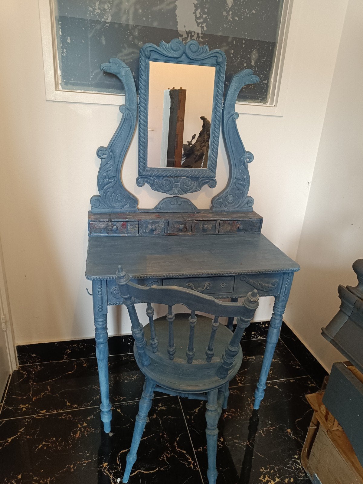 Vintage kaptafel met spiegel en stoel - Blauw, Antiek en Kunst, Ophalen