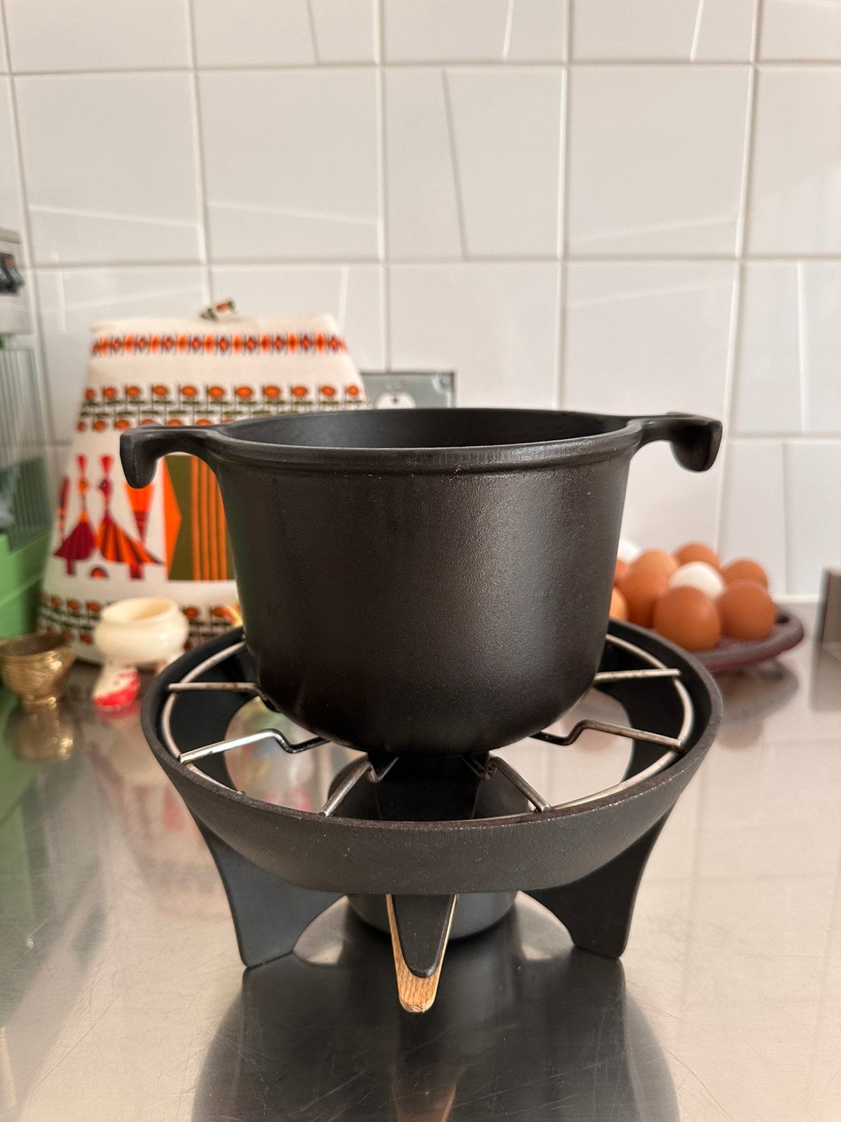 Le Creuset Fonduepan Fonduestel Vintage Enzo Mari La Mama, Gietijzer, Ophalen of Verzenden, Zo goed als nieuw, X