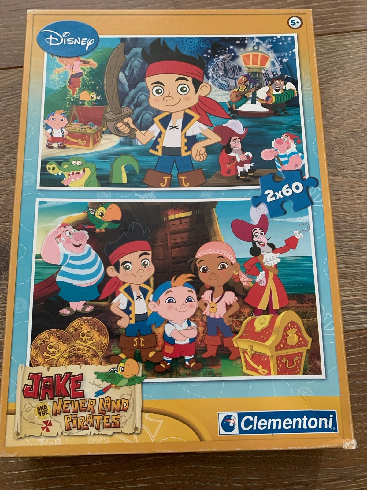 Disney Jake en de Nooitgedachtland Piraten Puzzel 2x60, Ophalen of Verzenden, Meer dan 50 stukjes, Zo goed als nieuw, 6 jaar of ouder