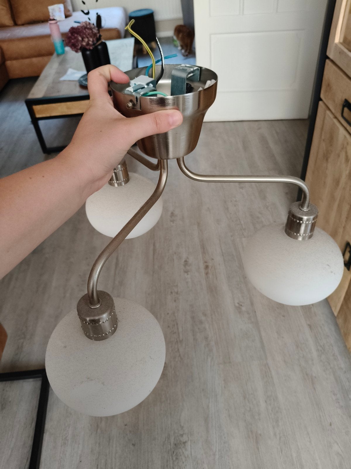 Hanglamp met 3 lampjes (2 werkend), incl. ophangsysteem, Ophalen, Gebruikt, Glas, Overige fittingen