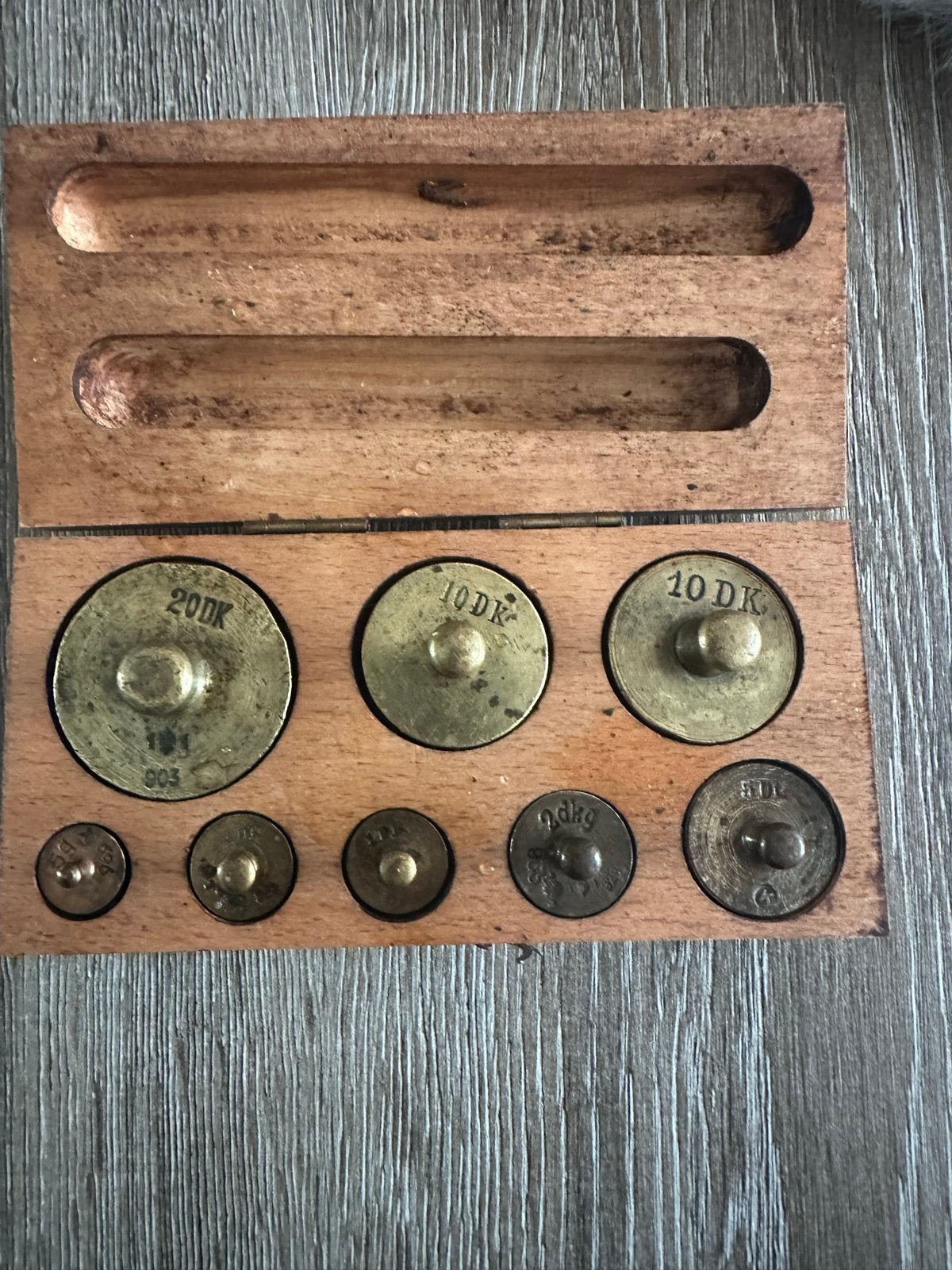 Antieke gewichtenset in houten kistje, Antiek en Kunst, Ophalen
