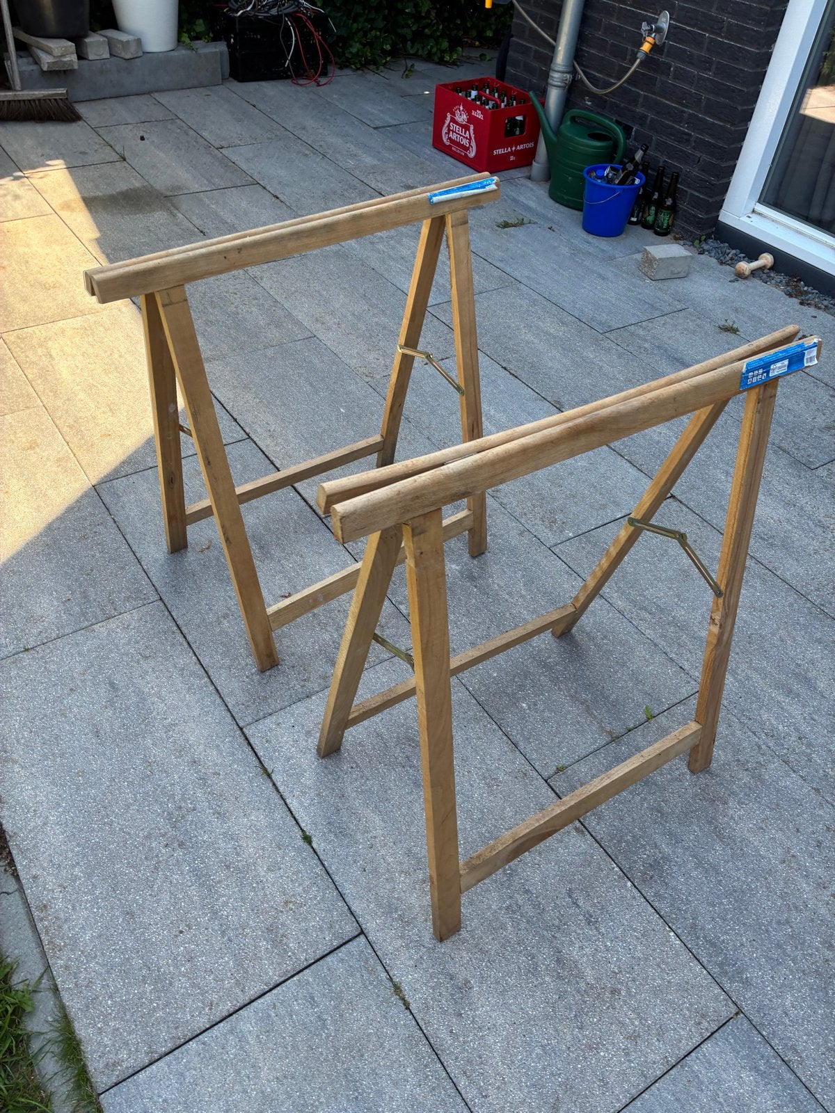 Twee houten schragen - ideaal voor werkbank of tafel, Ophalen, Gebruikt, Trap, Opvouwbaar of Inschuifbaar