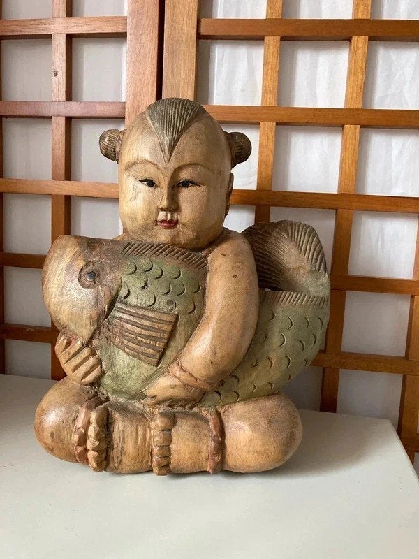 Antiek / Vintage Chinees Houten Geluksbeeld (Tongzi), Ophalen of Verzenden
