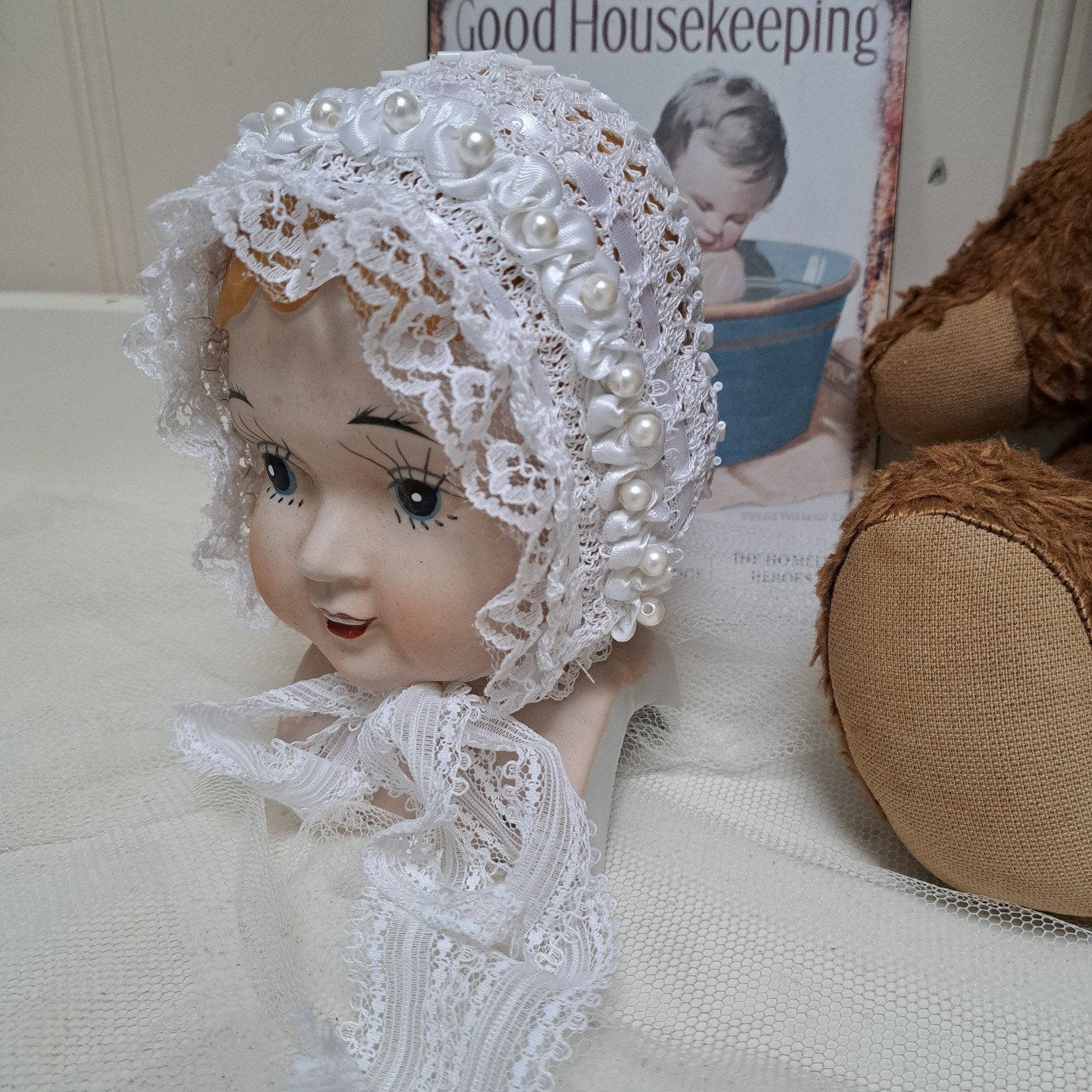 Hand gehaakt Katoen WIT Brocante  muts NIEUW, Ophalen of Verzenden