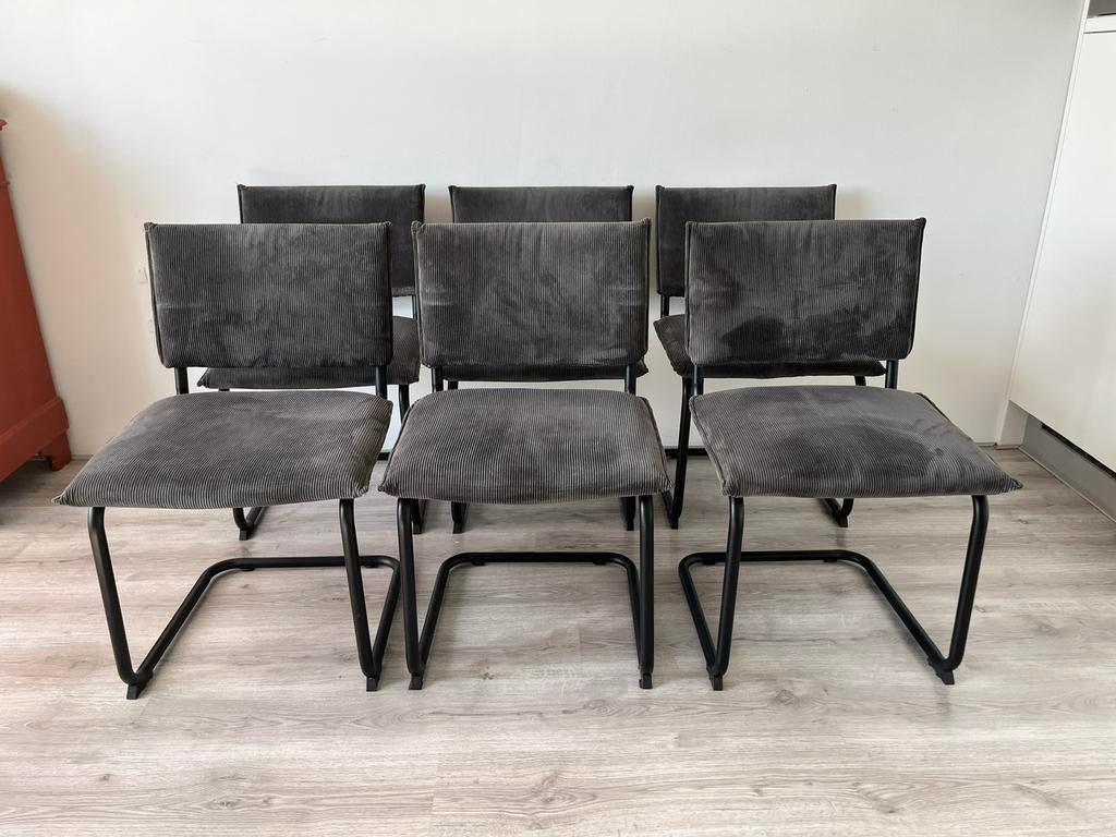 6 eetkamerstoelen met grijze ribstof, Ophalen, Zo goed als nieuw, Grijs, Vier